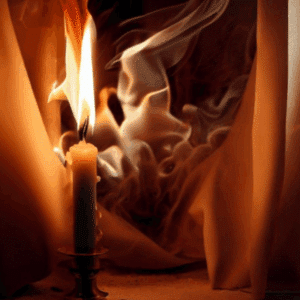 Candle placed near curtains creating potential fire hazard