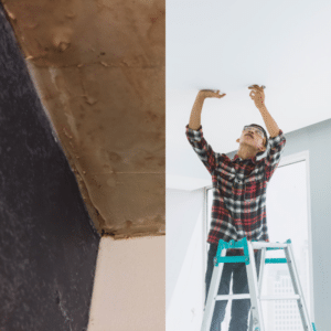 Professional inspecting ceiling damage for repair