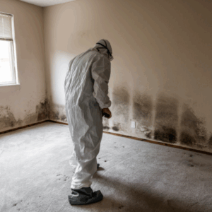 Water-damaged basement wall showing mold and structural issues