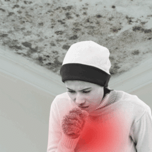 Woman coughing due to mold spores in indoor air
