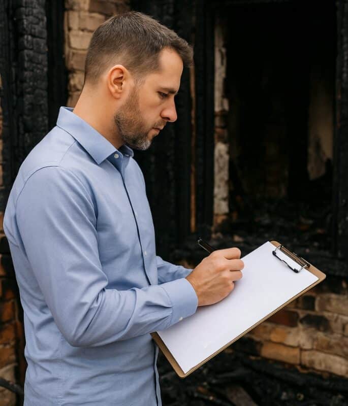 insurance agent inspecting fire damage in home