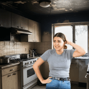Homeowner in kitchen reacting to cooking fire smoke